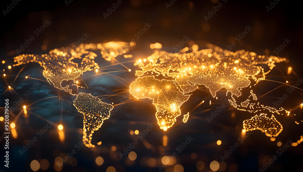 Poster a stunning view of a glowing world map connected by intricate networks of light, symbolizing global 