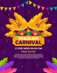 carnival party invitation flyer design with feathers, drum and flags for party. Mardi Gras festive, carnival, festival, parade. template for design invitation banners © Huma Fida