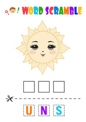 Word scramble. A yellow sun. An educational sheet for children.