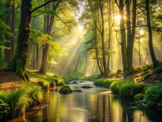 Obraz premium Serene misty forest scene with sunlit trees, dense foliage, and a meandering stream, evoking a sense of tranquility and connection with nature's harmony.