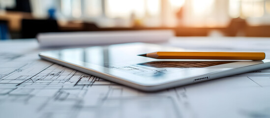 Fototapeta premium Close-up of a tablet and pencil over architectural blueprints in a modern workspace with natural light.