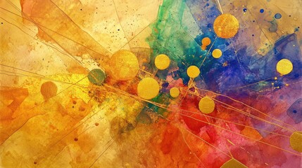 Golden elements, Art, Geometry, Abstract, Color, Color mixing, Watercolor, Gold dots, Gold lines, Dark red, Golden brown 