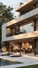 Fototapeta premium Minimalist urban villa with large, open spaces.