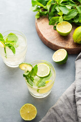 Two glasses lime mojito with mint and ice. Refreshing citrus cocktail on a light background.