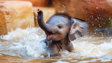Fototapeta premium Close-up of Cute Baby Elephant Playing In Water