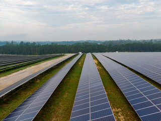 Morning Drone Images of a Large Renewable Solar Farm in Louisburg North Carolina Using Technology and Science for Green Energy & Lowering Carbon Footprints. 