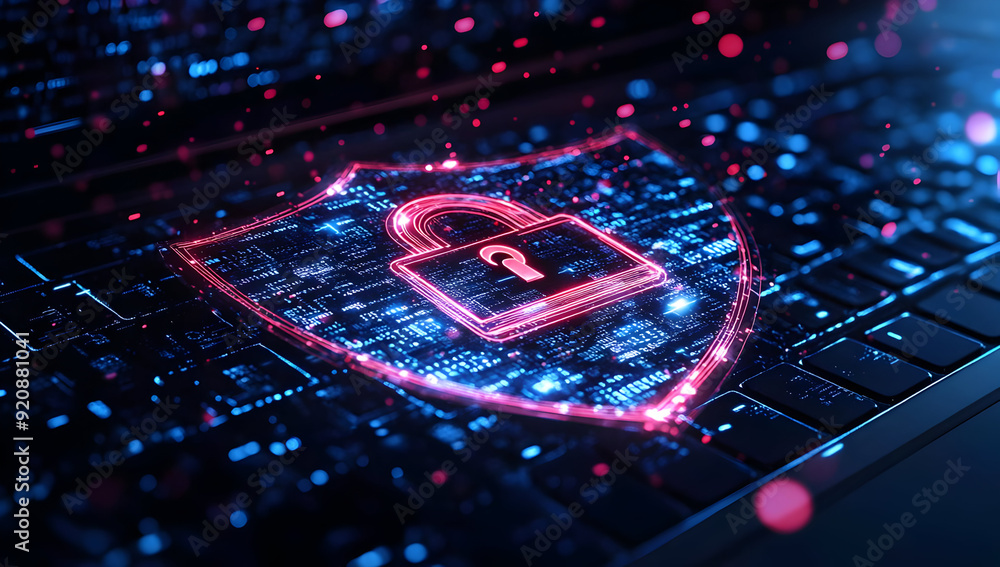 Aufkleber a digital security shield with a padlock emerges from a laptop keyboard, symbolizing cybersecurity a