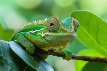 A detailed close-up of a vibrant green chameleon with mesmerizing patterns resting on a leafy tree branch.