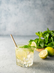 Mojito drink with fresh lime. Refreshing cocktail with citrus fruits, mint and ice on gray background.