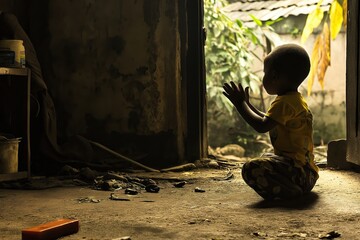 Fototapeta premium A child wearing a yellow shirt kneels on the floor of a rustic room, clapping hands in an enchanting scene of innocence.