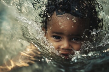 Fototapeta premium A child with curly hair is enjoying water, with their face partially immersed, showcasing joy and playfulness.