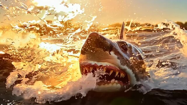 Great white shark cuts through the water, mouth wide open, baring sharp teeth as it appears in the golden light of the sunset. The unbridled power and assertiveness of the ocean predator