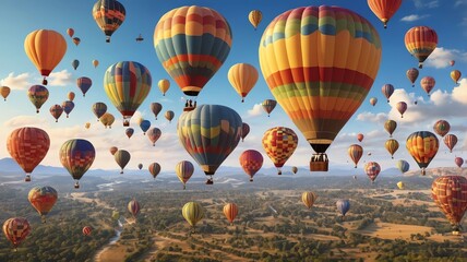 Obraz premium A bright blue sky filled with many brightly colored hot air balloons, with a cityscape and the sun setting in the distance.