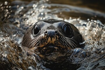 Fototapeta premium A seal emerges from the water, its face and whiskers glistening while giving an inquisitive and endearing look.