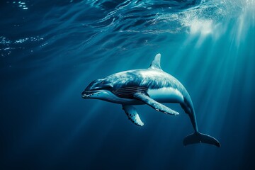 A majestic whale dolphin hybrid gracefully swims through the ocean as beautiful light rays filter through the water from above.