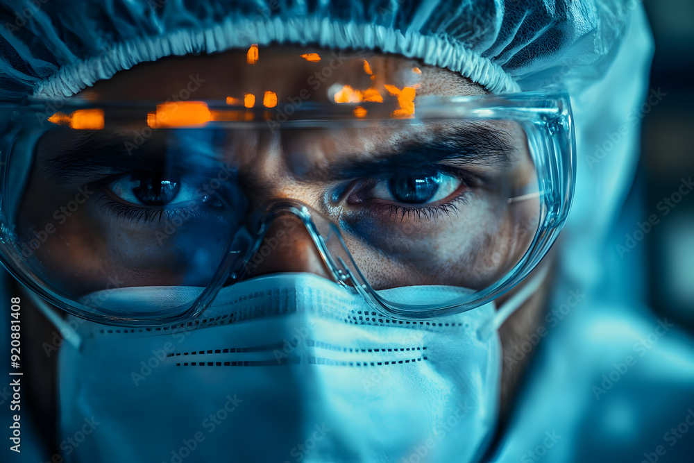 Poster close-up portrait of a focused scientist in protective gear displaying determination and precision i