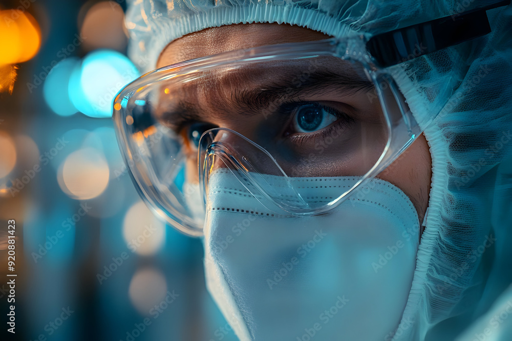 Poster close-up of a focused scientist in protective gear, emphasizing safety and precision in a laboratory
