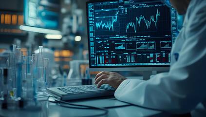 Scientist analyzing data on a computer screen in a laboratory. High-tech environment showcasing research and experimentation.