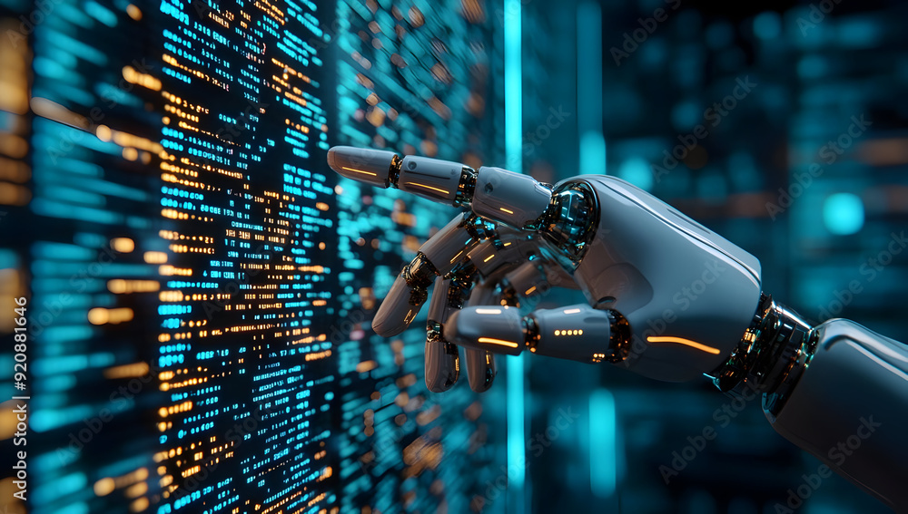 Poster close-up of a robotic hand interacting with a digital interface, showcasing advanced technology and 