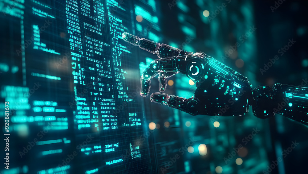 Poster a futuristic robotic hand interacting with glowing digital data, symbolizing advanced technology and
