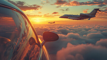 A stunning sunset view from a car with a private jet flying above the clouds, showcasing luxury and freedom in travel.