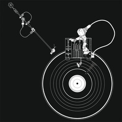 Minimalist avant-garde sketch of a vinyl record player with detailed components.
