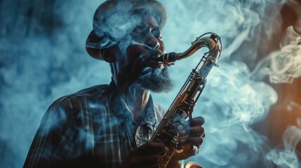 Obraz premium A man playing a saxophone with smoke in the background