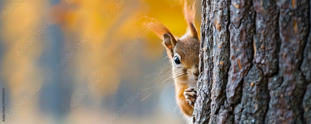 Poster red squirrel peeking from behind a tree trunk