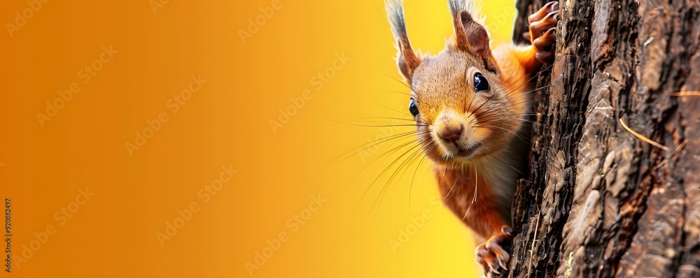 Poster red squirrel peeking from behind a tree trunk