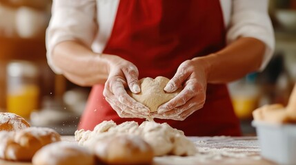 A baker in a red apron is skillfully shaping dough with flour-dusted hands on a wooden surface, surrounded by various pieces of prepared dough, in a bakery setting.