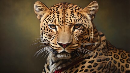 Obraz premium A close-up portrait of a leopard. It is looking directly at the camera with a serious expression.