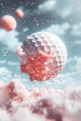 Fototapeta premium Futuristic golf ball surrounded by ethereal clouds amidst a dreamy sky