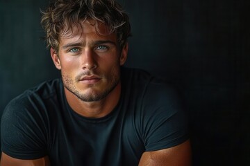 muscular model showcasing fitted black tshirt dramatic chiaroscuro lighting minimalist studio setting fashionforward pose