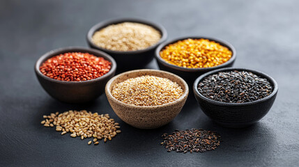 Colorful variety of seeds in bowls, perfect for culinary use and healthy recipes, showcasing natural food ingredients.
