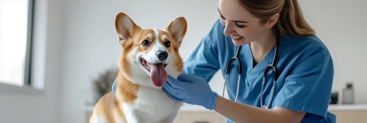 A compassionate veterinarian provides attentive care to a playful Corgi in a modern clinic, ensuring quality treatment in a warm environment that promotes comfort and trust for pet and owner