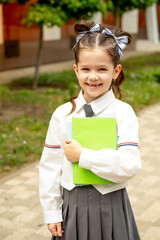 back to school, a schoolboy girl goes to school with textbooks in her hands and with a backpack to the first grade, a child at school in September