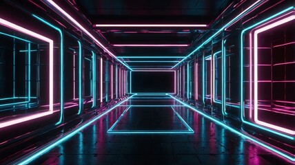 A dark, rectangular room with glowing pink and blue neon lights forming a grid pattern on the walls