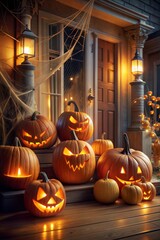Fototapeta premium Halloween decoration, decorated pumpkins at the entrance of the house