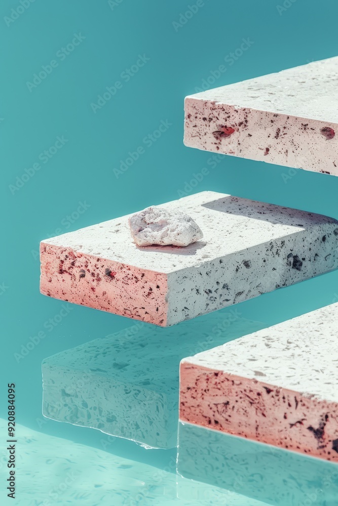 Poster minimalist abstract display of textured blocks over calm aqua background
