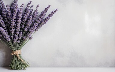 Bouquet of tied lavender flowers on textured grey background 