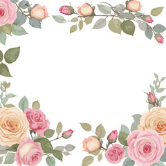 Watercolor roses leaves border corner stylized flowers with branches and foliage curled in vintage pastel colors abstract floral illustration with text box