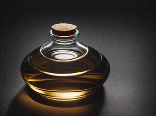 A glass bottle with a cork stopper and a label on it