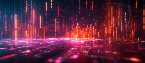 Fototapeta premium A vibrant digital landscape with glowing lines and particles, representing data flow and technology.