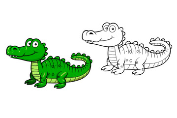 Cartoon animals, funny drawn crocodile with contour lines isolated on a transparent background. Simple animal Clip Art, Printable crocodile Coloring Page. Simple coloring book for children.