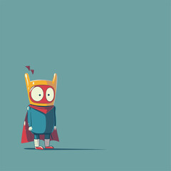  Minimalist cartoon character on a teal background with a small red cape.
