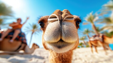 A close-up image of a curious camel in the forefront with a clear blue sky and palm trees in the background. Another camel with a rider can be seen blurred.