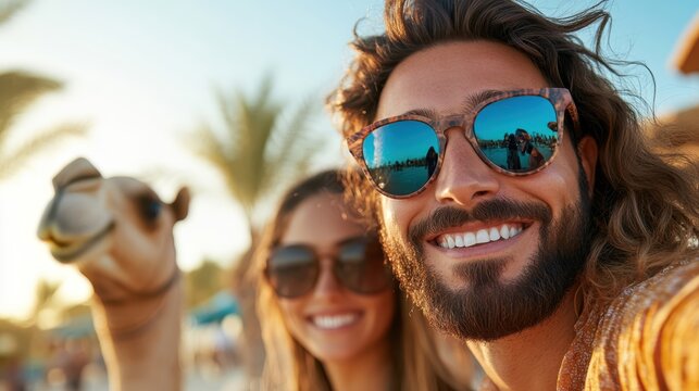 A happy couple posing for a selfie with a camel on a sunny beach. Both are wearing sunglasses and displaying bright, joyful smiles, enjoying a relaxed and fun-filled day outdoors.