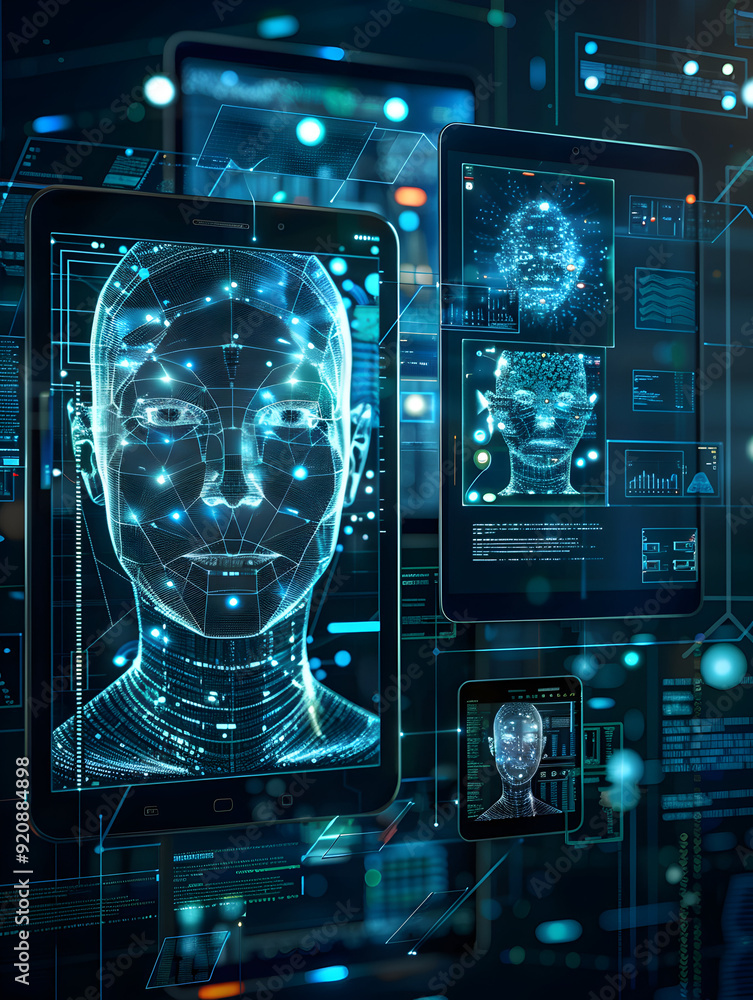 Poster smartphone and tablet with face recognition technology photorealistic image for design and media wit