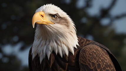 Obraz premium A close-up of an American Bald Eagle with white head and tail feathers, a yellow beak, and brown body