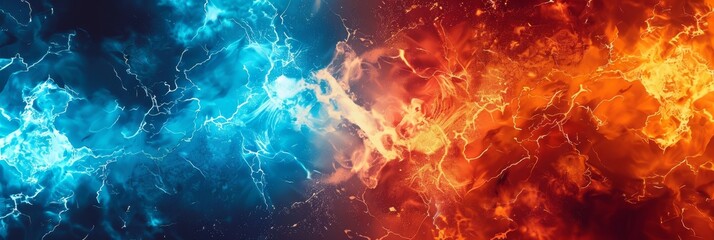 An abstract illustration of the dynamic collision of fire and ice, showcasing vibrant colors and intense energy